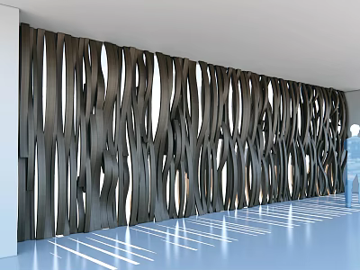 Modern Black Wooden Wavy Background Wall With Light Shadow Effects In Interior Space 3d model