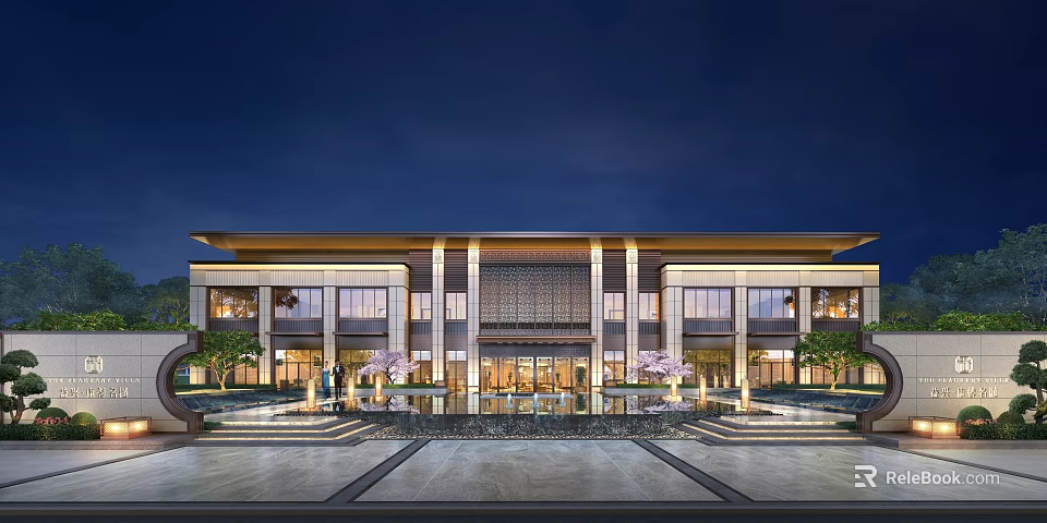 Modern Sales Center Building With Water Features And Landscape Trees At Night 3d model 