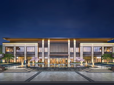 Modern Sales Center Building With Water Features And Landscape Trees At Night 3d model