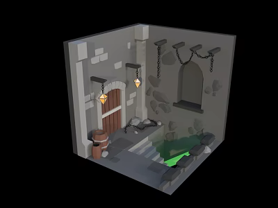 Cartoon Style Stone Room Scene with Wooden Door Hanging Lanterns Arched Window and Green Pool 3d model
