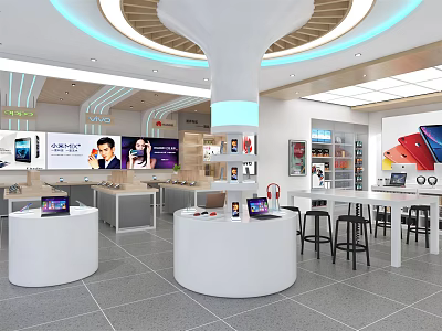 Modern Digital Store Interior With Smartphones Laptops On Round Display Counters And Customer Seating 3d model