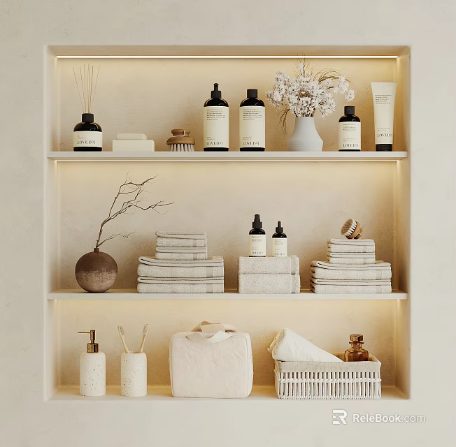 Well Organized Bathroom Shelves With Accessories Towels Bottles And Decor 3d model 