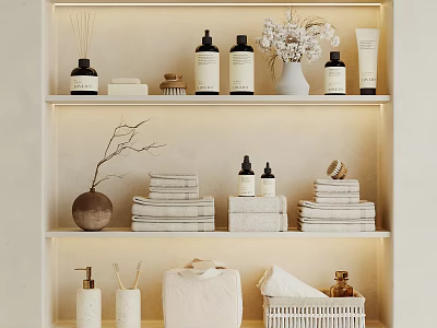 Well Organized Bathroom Shelves With Accessories Towels Bottles And Decor 3d model