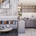 Modern Apartment Interior With Living Room Kitchen Island Counter Sofa Pendant Lights And Plants