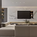 Modern Open Dining and Living Room Interior With Marble Floor And Wooden Panels
