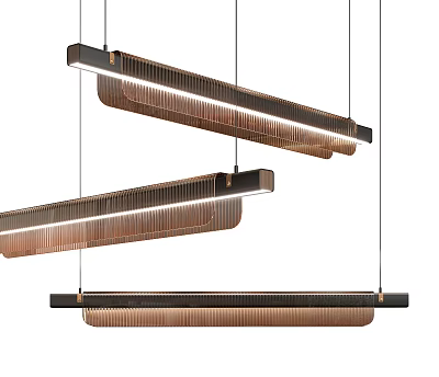 Modern Linear Chandeliers with Ribbed Metallic Bodies and Black Suspension Brackets 3d model