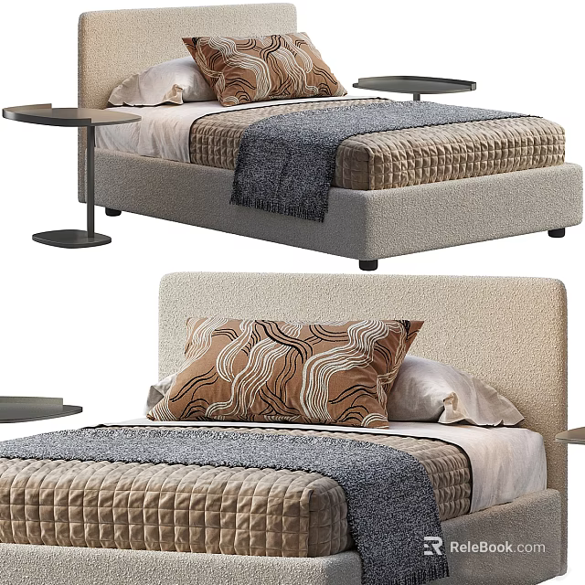 Modern Double Bed With Upholstered Headboard Patterned Pillows Textured Blanket And Side Table 3d model