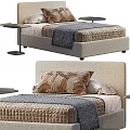 Modern Double Bed With Upholstered Headboard Patterned Pillows Textured Blanket And Side Table 3d model