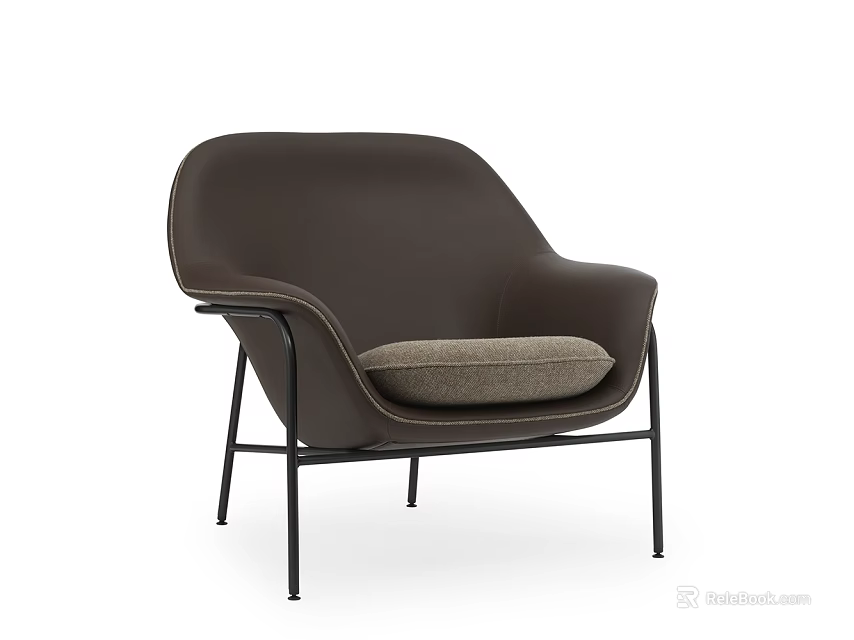 Modern Minimalist Single Sofa With Dark Brown Leather Light Gray Cushion And Black Metal Legs 3d model 