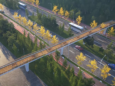 Modern Landscape Bridge Over Urban Road With Yellow Trees And Passing Vehicles 3d model