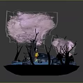 Cartoon Scene with Pink Purple Trees Dark Trunks Yellow Figure Blue Water and Black Stones