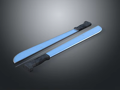 Two Sharp Knives With Blue Blades And Black Handles On Gray Gradient Background 3d model