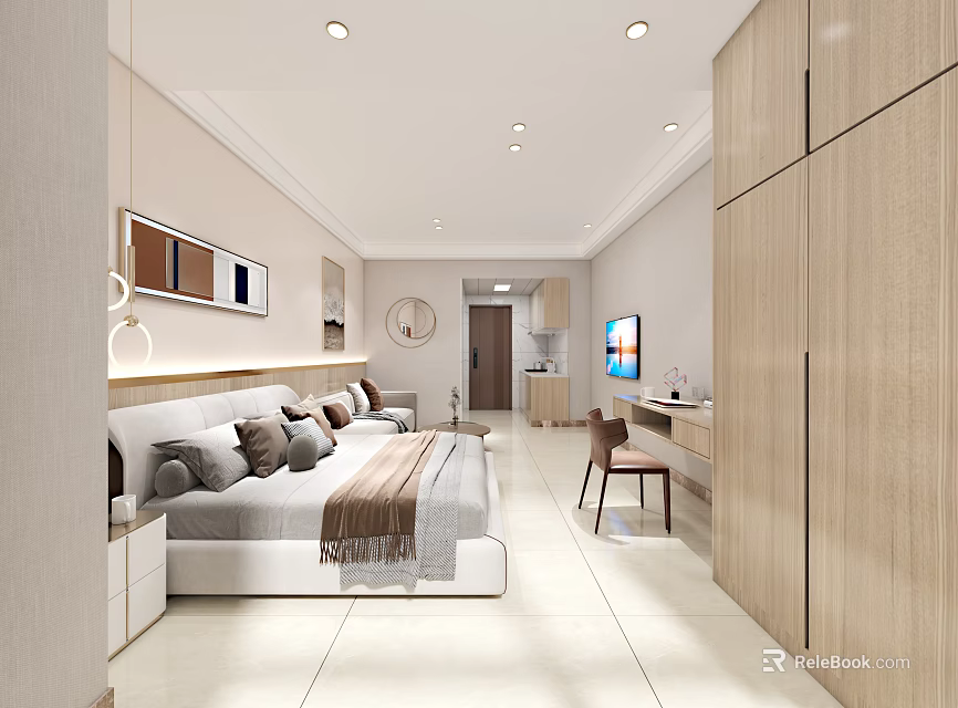 Modern Hotel Room Interior Design With Comfortable Bed Sofa And Wooden Furniture 3d model 