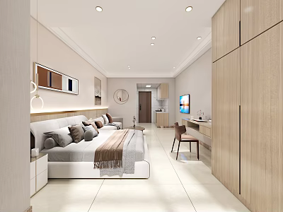 Modern Hotel Room Interior Design With Comfortable Bed Sofa And Wooden Furniture 3d model