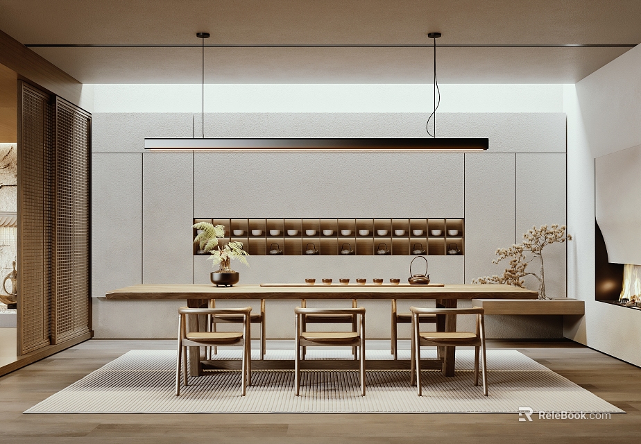 Modern Tea Room Interior Design With Long Wooden Table Chairs Tea Sets And Hanging Lights 3d model 