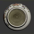 Floral Sculpture Carving on White Vase with Blue and Yellow Edges and Black Lettering Himput-F