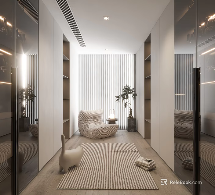 Modern Luxury Walk-in Closet Interior Design With Mirrors Cabinets And Seating 3d model 