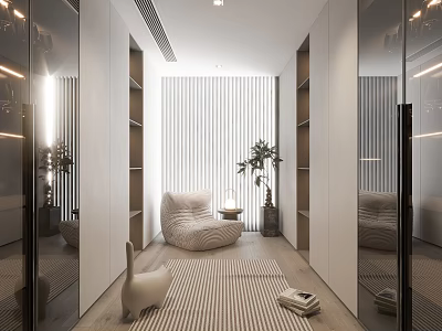 Modern Luxury Walk-in Closet Interior Design With Mirrors Cabinets And Seating 3d model