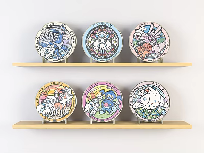 Colorful Decorative Plates With Various Cartoon Characters On Wooden Shelves 3d model