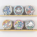 Colorful Decorative Plates With Various Cartoon Characters On Wooden Shelves