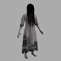 Horror Game Movie Character with Long Black Hair Gray Bloodstained Dress Back View