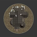 Cartoon Style Fantasy House With Towers Curved Roof Round Windows And Wooden Steps On Circular Base