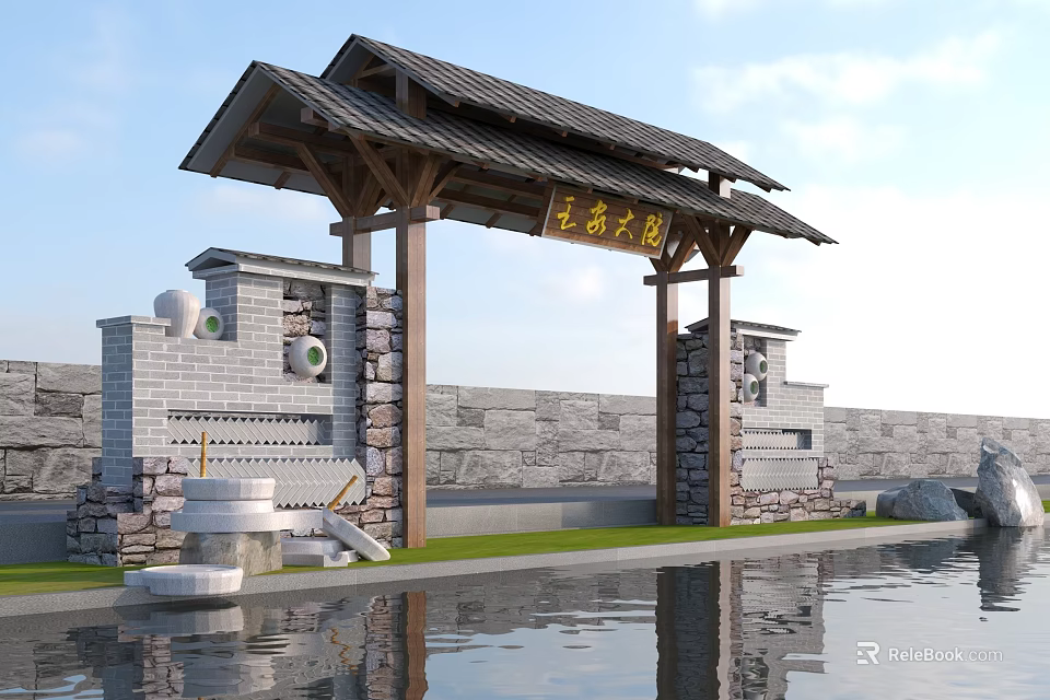 Chinese Style Gateway With Ancient Charm Stone Walls And Water Pool Reflection 3d model 