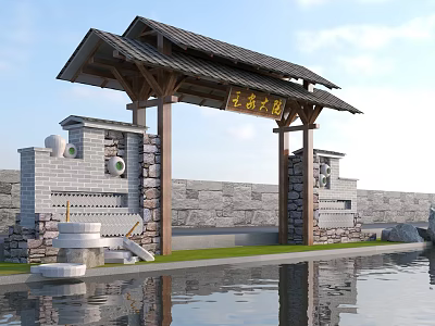 Chinese Style Gateway With Ancient Charm Stone Walls And Water Pool Reflection 3d model