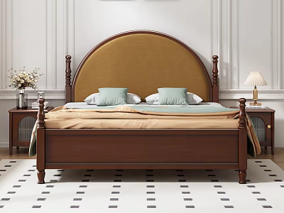 Double Bed With Arched Brown Upholstered Headboard Wooden Frame Light Blue Pillows And Bedside Lamp 3d model