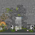 Decorative Garden Ornament Scene With Rockery Waterfall Deer Figurine And Green Plants