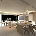 Modern Open Living Dining Room Interior With Wooden Table Chairs Pendant Lights TV And Cabinets