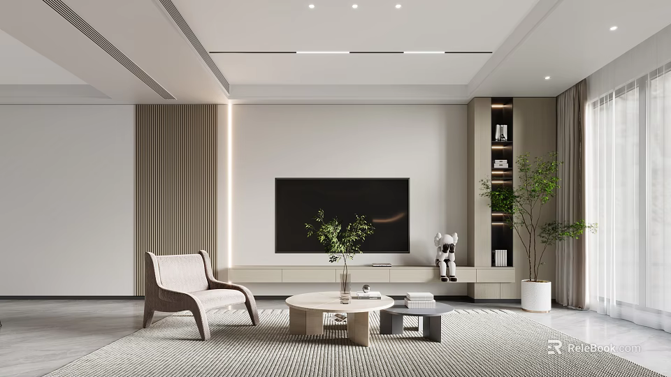 Modern Living Dining Room Interior With TV Wall Sofa Chair Coffee Table And Plants 3d model 