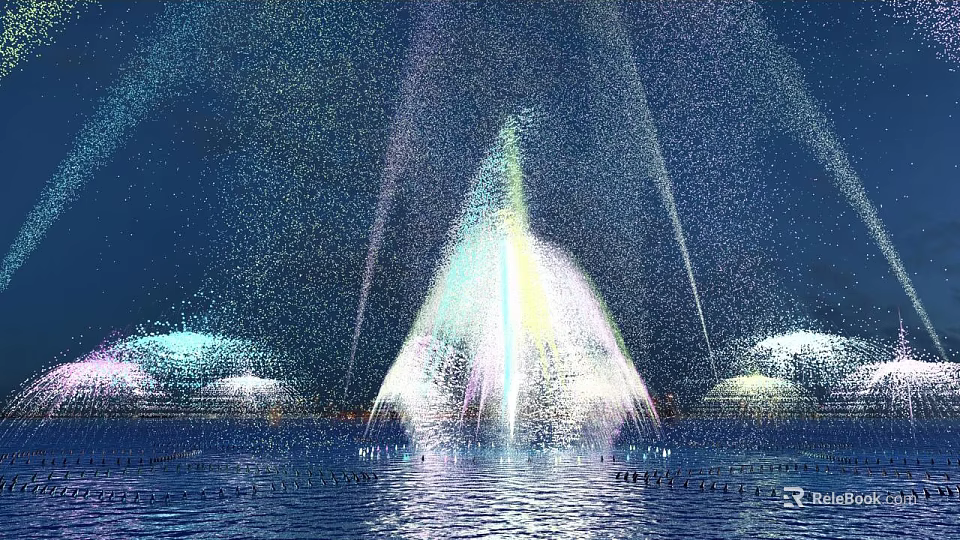 Colorful Night Fountain Display With Water Spray And Light Reflections On Water 3d model 