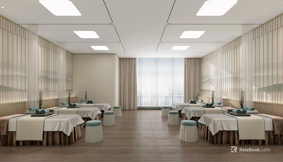 Modern SPA Sauna Interior Design With Relaxing Tables Stools Wooden Floor And Ceiling Lights 3d model 