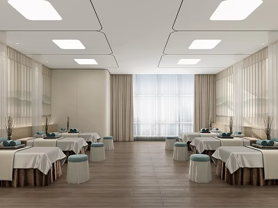 Modern SPA Sauna Interior Design With Relaxing Tables Stools Wooden Floor And Ceiling Lights 3d model