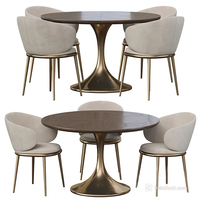 Modern Dining Table Set With Round Wooden Top And Beige Upholstered Gold Leg Chairs 3d model 