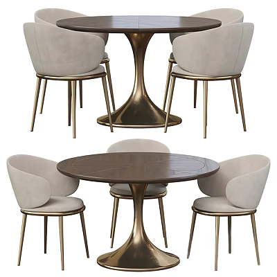 Modern Dining Table Set With Round Wooden Top And Beige Upholstered Gold Leg Chairs 3d model