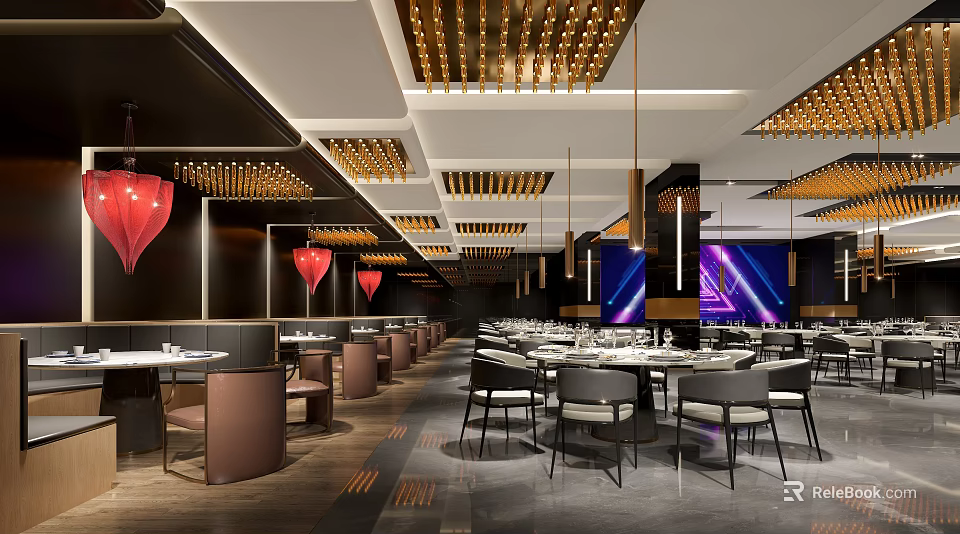 Elegant Modern Restaurant Interior With Hanging Lamps Dining Tables And Stylish Seats 3d model 