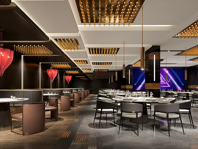 Elegant Modern Restaurant Interior With Hanging Lamps Dining Tables And Stylish Seats 3d model