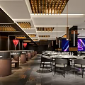 Elegant Modern Restaurant Interior With Hanging Lamps Dining Tables And Stylish Seats
