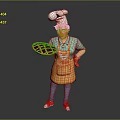 Cartoon Chef Wearing Chef Hat Green Shirt Yellow Apron Holding Pie With Red Gloves