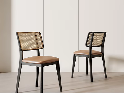 Modern Dining Chairs With Woven Back Black Legs And Brown Leather Seat Design 3d model