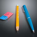 Yellow Wooden Pencil And Blue Ballpoint Pen With Pink Eraser On Glossy Black Surface