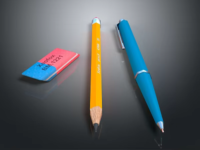 Yellow Wooden Pencil And Blue Ballpoint Pen With Pink Eraser On Glossy Black Surface 3d model