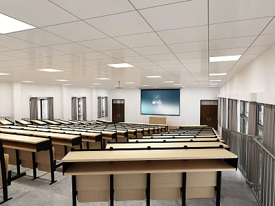 Spacious Conference Room With Arranged Tables Chairs Large Screen And Ceiling Lights 3d model