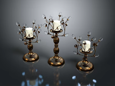 Set Of Three Decorative Brass Candle Holders With Ornate Glass Accents 3d model