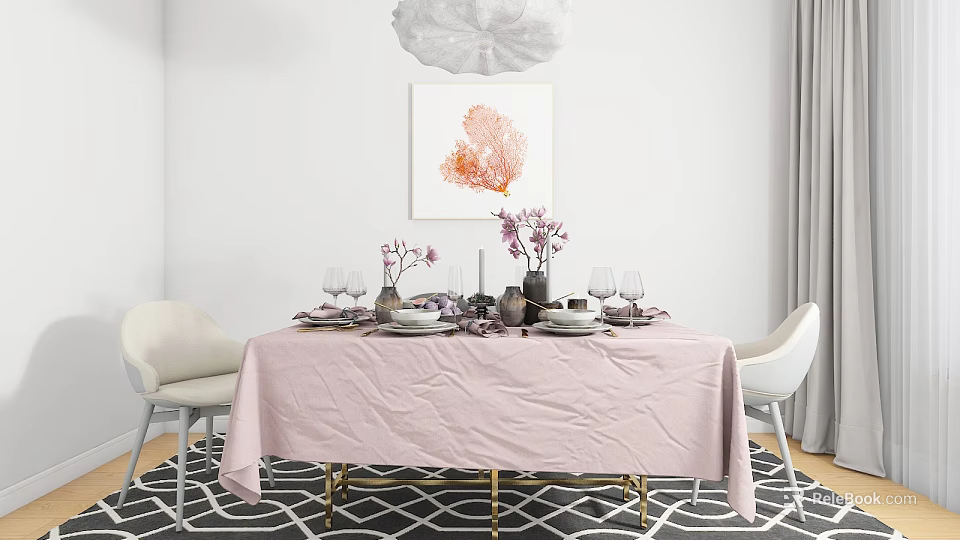 Stylish Dining Table Set With Pink Tablecloth White Chairs Tableware Purple Flowers And Chandelier 3d model 