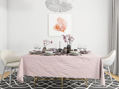 Stylish Dining Table Set With Pink Tablecloth White Chairs Tableware Purple Flowers And Chandelier 3d model