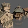 Different Architectural Building Models With Tower Dome Roof And Timber Stone Structures