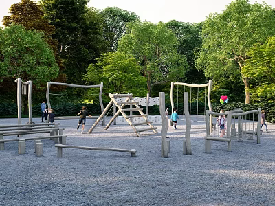 Outdoor Children's Play Area With Wooden Swings Climbing Frames And Trees 3d model